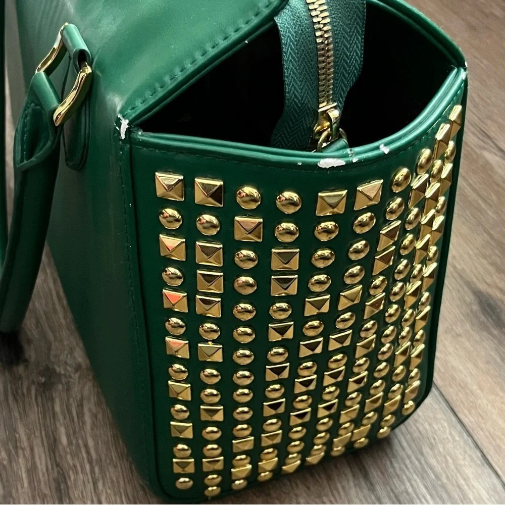 IMAN Faux Leather Purse Tote Handbag Green Gold Studded Designer Luxury Classic - Picture 7 of 12